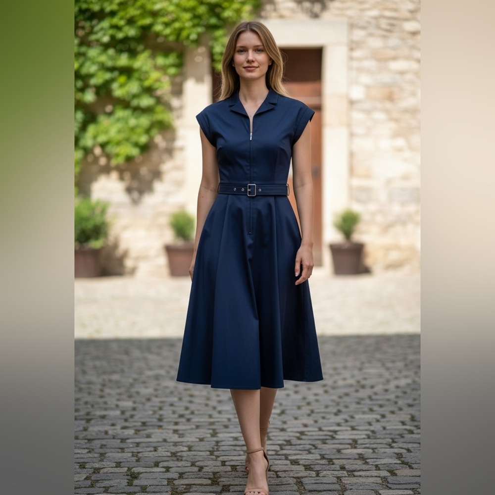 Calvin Klein Navy Belted Midi Dress